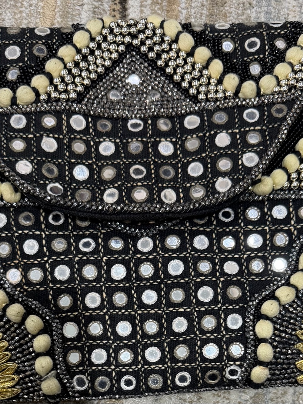 Big Buddha Black Evening Clutch with Cream Bead Accents